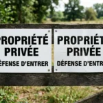 Deux panneaux blancs affichant « PROPRIÉTÉ PRIVÉE » et « DÉFENSE D’ENTRER » fixés à une barrière en bois, paysage rural en arrière-plan.