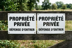 Deux panneaux blancs affichant « PROPRIÉTÉ PRIVÉE » et « DÉFENSE D’ENTRER » fixés à une barrière en bois, paysage rural en arrière-plan.