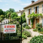 Panneau À Vendre accroché sur une porte de grille en métal dans une cour de maison en pierre, éclairée par le soleil. Panneau immobilier à vendre.