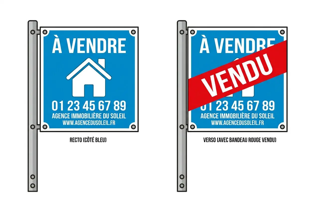 Panneau « À vendre » bleu monté sur poteau métallique, affiché sans inscription; à droite panneau même avec bande « vendu »., règlementation panneau agence immobilière intégrée naturellement.