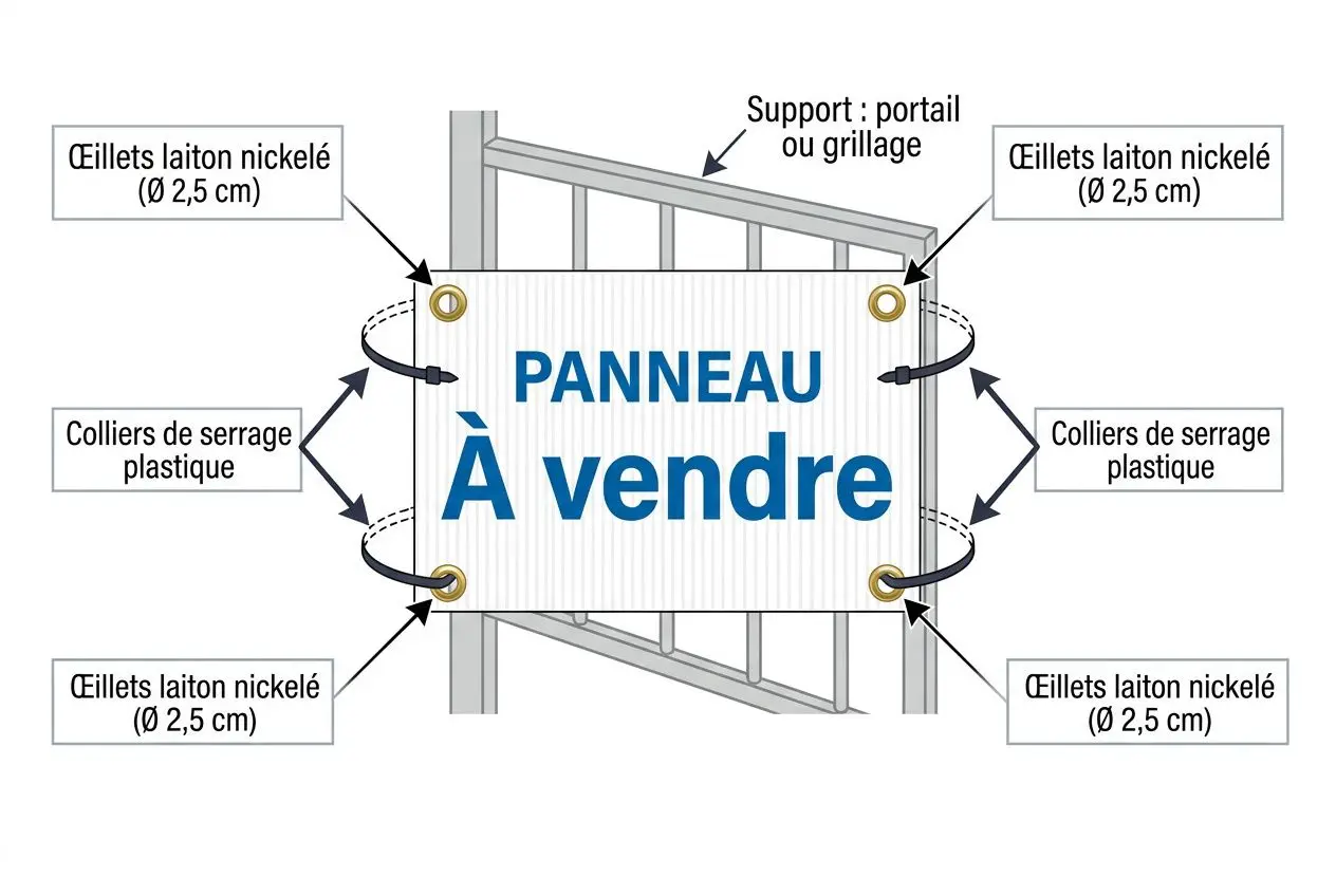 Panneau à vendre immobilier affiché sur une barrière métallique avec vis et anneaux, flèches indiquant les éliquets et composants, texte 