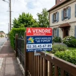 Panneau "À Vendre" pour immobilier installé sur un mât le long d’un trottoir, devant une maison avec jardin et clôture en bois dans une rue résidentielle. Réglementation panneau agence immobilière mentionnée.