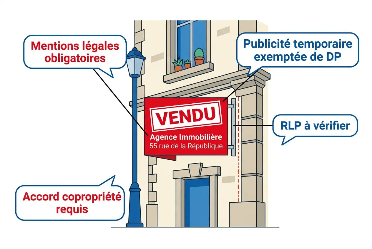 Panneau immobilier accroché sur façade avec inscription VENDU, symbole d'agence immobilière et mention 