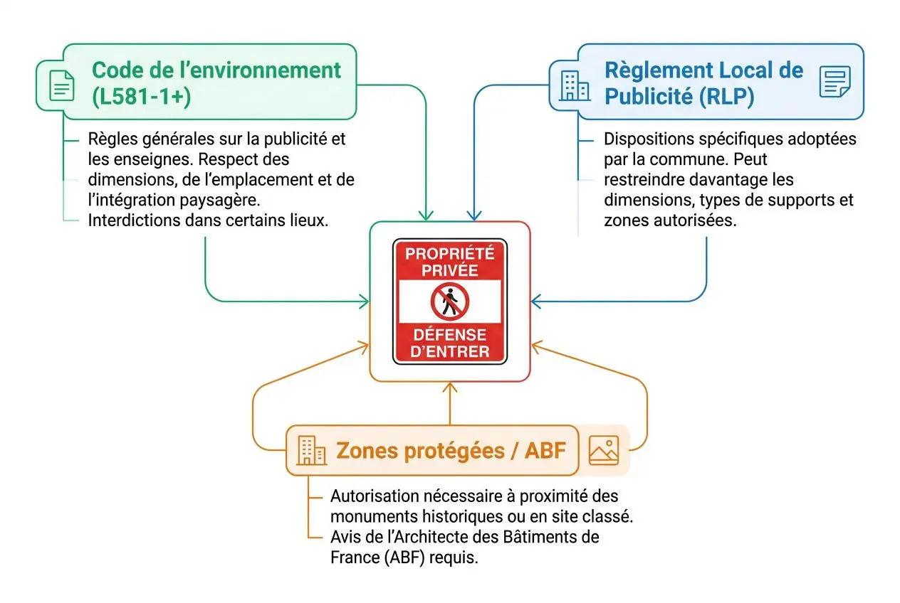Panneau propriété privée rouge central avec texte « PROPRIÉTÉ PRIVÉE DÉFENSE D'ENTRER », encadré et flanqué par diagrammes verts et bleus sur fond blanc.