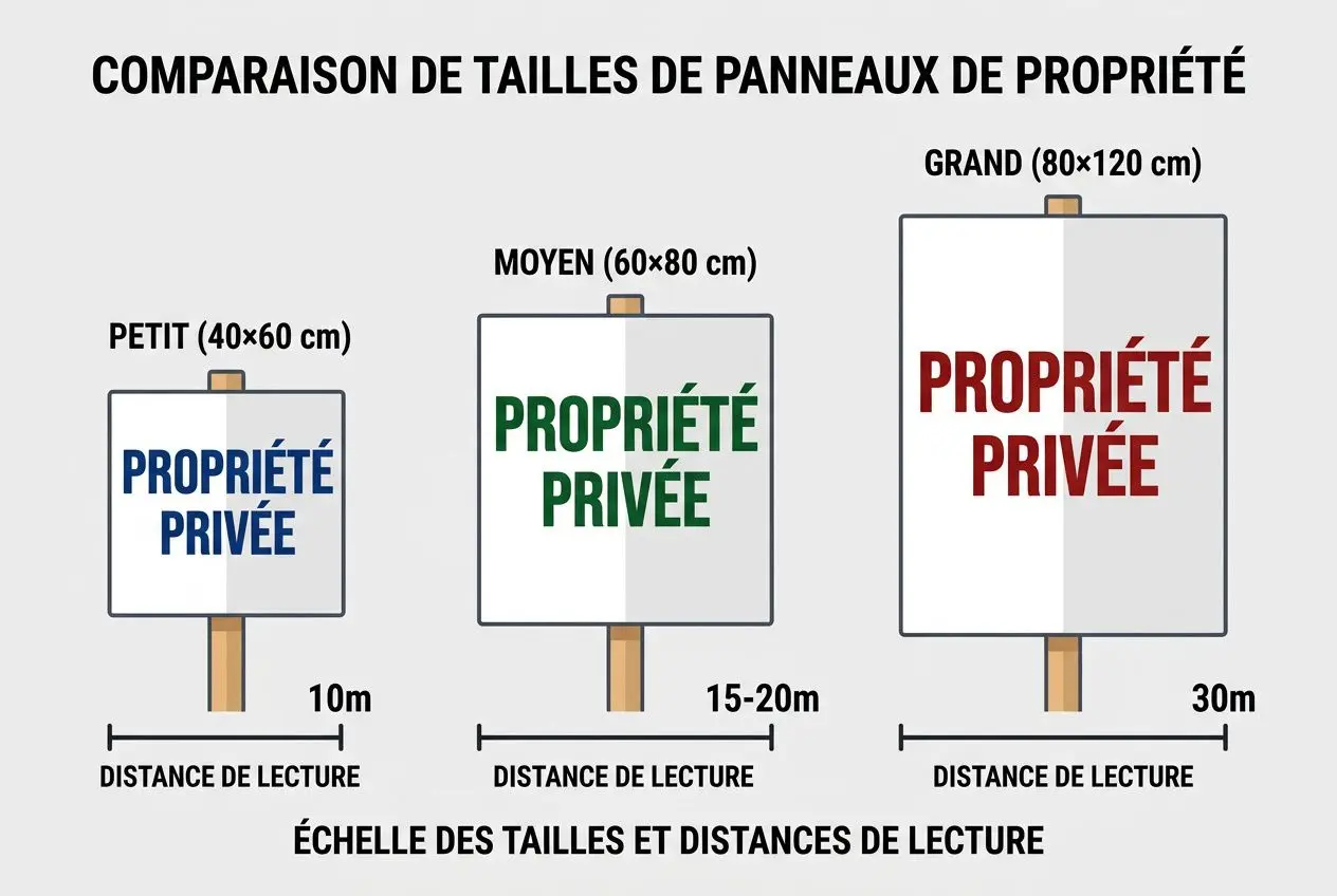 Panneau propriété privée de trois tailles (PETIT, MOYEN, GRAND) montrant distances de lecture et texte Propriété Privée sur fond blanc, support et poteau en bois.