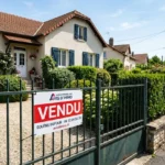 Panneau vendu immobilier sur une clôture près d’une maison en lotissement, annonce affichée.