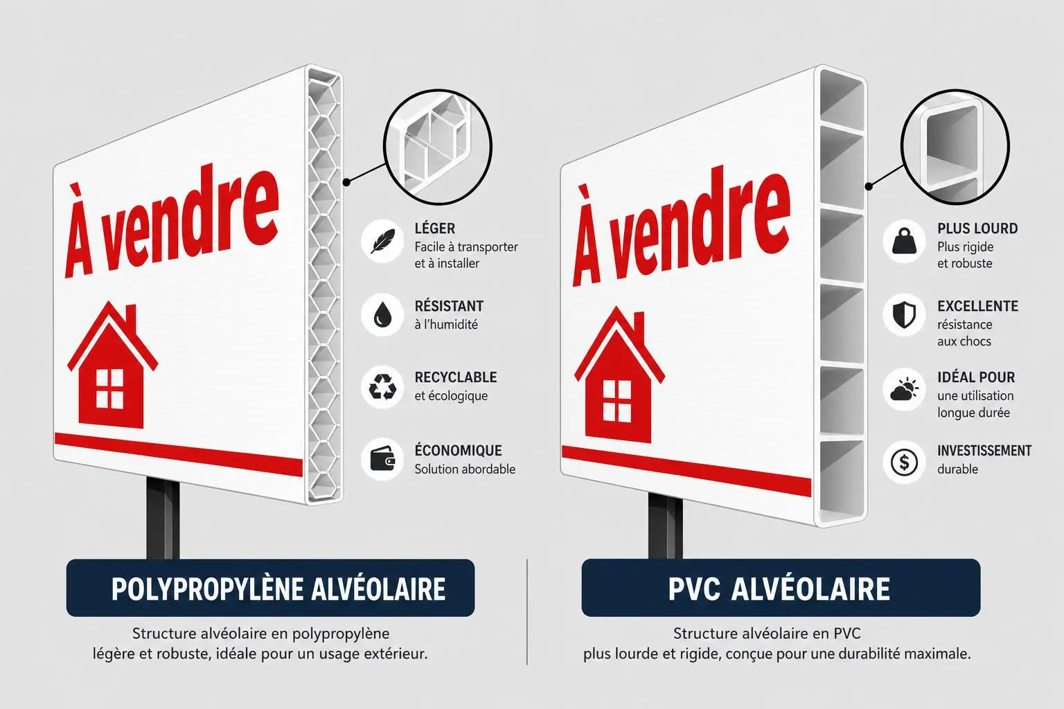 Panneaux à vendre immobilier: panneaux alvéolaires en PVC et Polypropylène, démonstration de panneaux à vendre immobilier avec caractéristiques légères et résistantes.