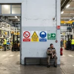 Agent de sécurité et panneaux de sécurité en entreprise affichés sur un mur, atelier industriel en arrière-plan.