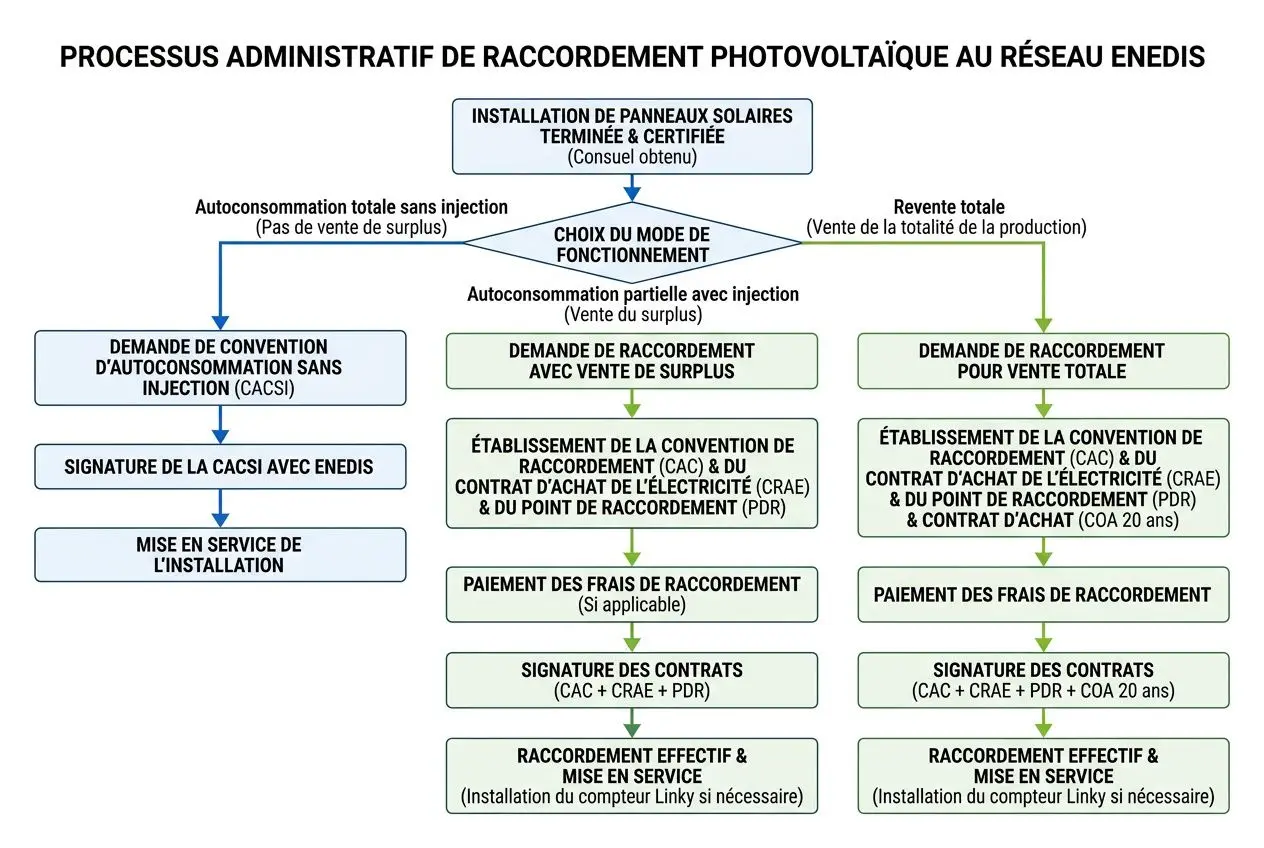 Diagramme du processus administratif de raccordement photovoltaïque au réseau Enedis: choix de mode de fonctionnement, conventions CACSI, CA/CRA, PDR, PPR et étapes de mise en service. Réglementation panneau solaire autoconsommation.