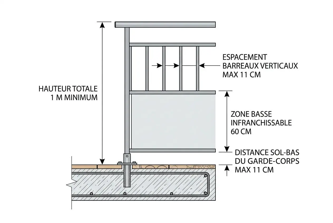 Hauteur totale du garde-corps d’au moins 1 m et espacement des barreaux jusqu’à 11 cm, avec zone basse infranchissable de 60 cm et distance sol–bas du garde-corps ≤ 11 cm. Obligation mise aux normes garde corps intégrée naturellement.