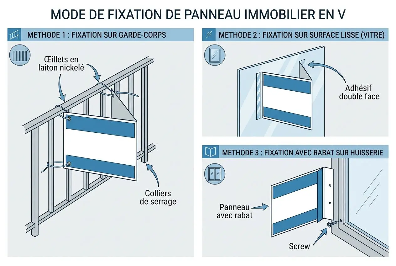 Mode de fixation de panneau immobilier en V. Panneau immobilier double en V suspendu sur garde-corps avec étiquettes et colliers de serrage.