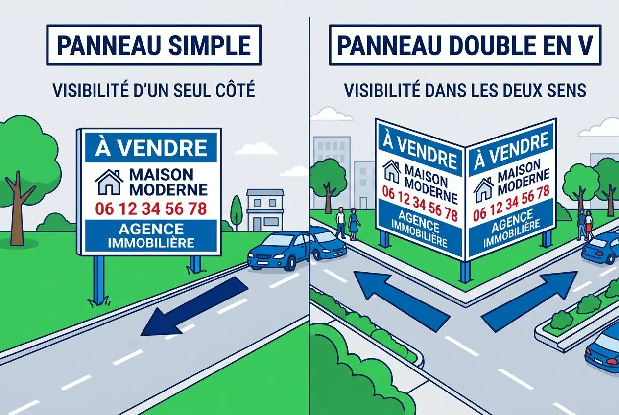 Panneau immobilier double en V montrant deux enseignes "À VENDRE" et "MAISON MODERNE" sur un carrefour, visuelle légère et résistante.