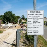 Panneau de permis de construire sur un chantier, texte informatif affiché, terrain dégagé, clôture et rue à côté, paysage urbain. panneau construction maison visible.