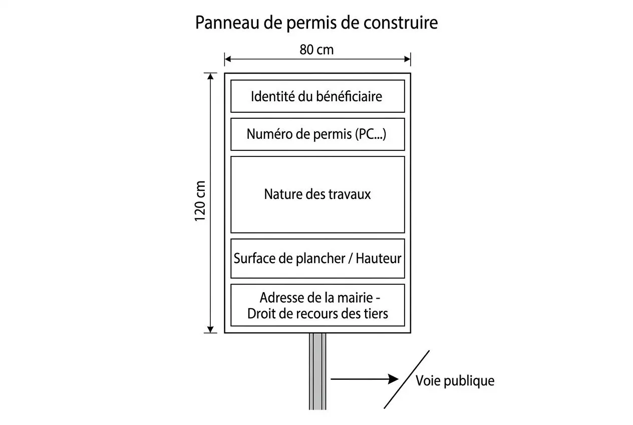 Panneau de permis de construire montrant les zones: identité du bénéficiaire, numéro de permis, nature des travaux, surface/hauteur et adresse mairie, avec voie publique indiquée. panneau construction maison