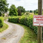 Panneau propriété privée défense d’entrer près d’un chemin rural bordé de haies, milieu rural.