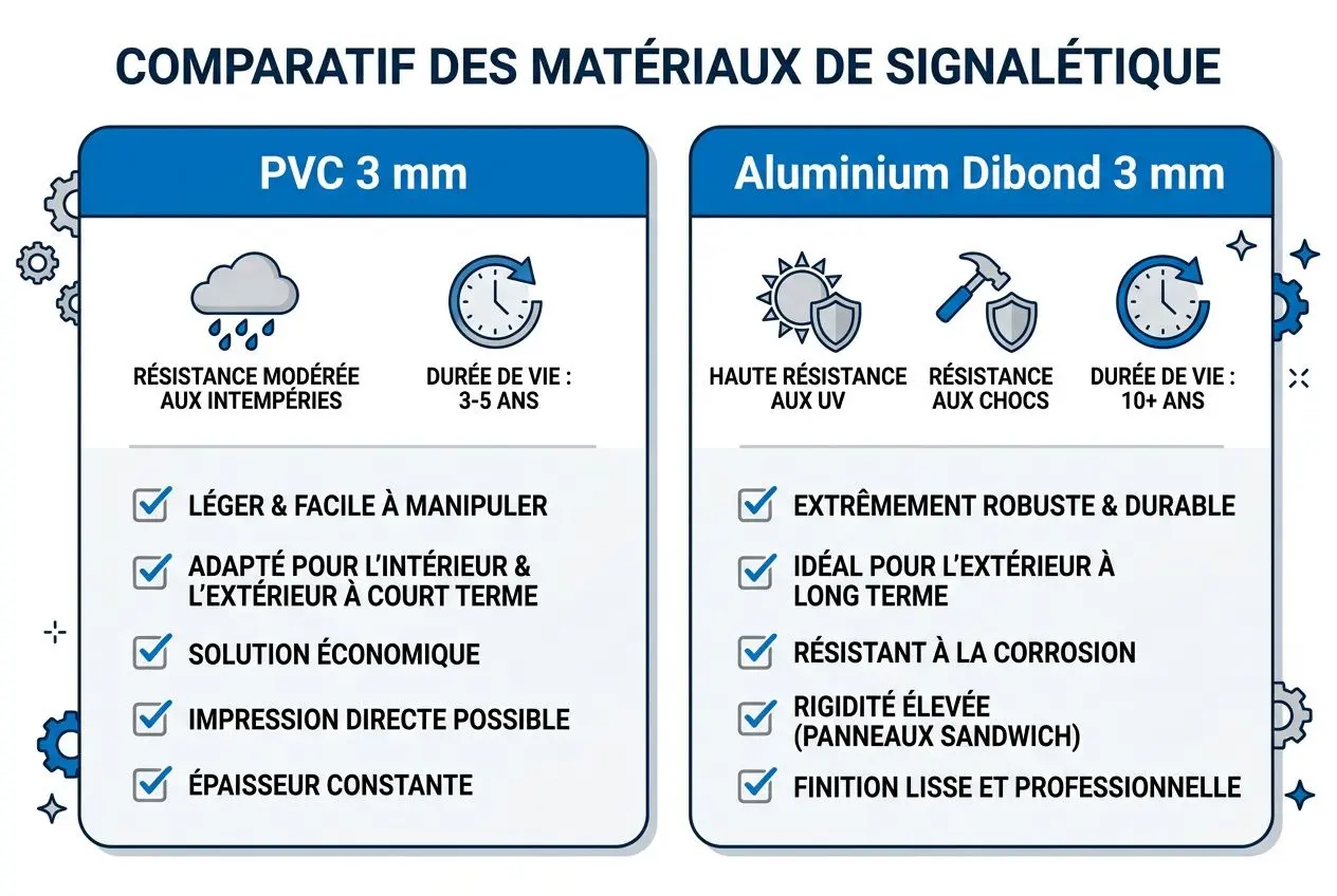 Panneau propriété privée sous vidéosurveillance comparant PVC 3 mm et aluminium Dibond 3 mm, avec caractéristiques et avantages distincts.
