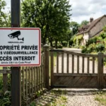 Panneau propriété privée sous vidéosurveillance indiquant accès interdit, fixation sur portail en bois devant chemin et pavillon résidentiel.
