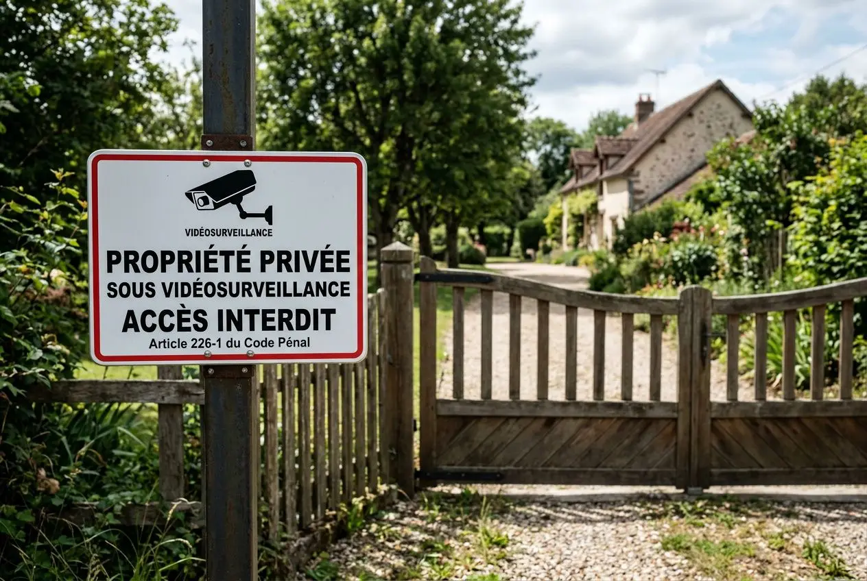 Panneau propriété privée sous vidéosurveillance indiquant accès interdit, fixation sur portail en bois devant chemin et pavillon résidentiel.