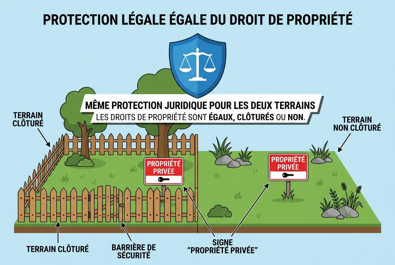 Panneau propriété privée sur un terrain clôturé avec barrière, affiches et barrière de sécurité indiquant la propriété privée et les zones clôturées.