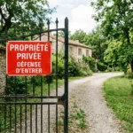 Panneau rouge « Propriété privée : Défense d’entrer » accroché à une porte de grille près d’un chemin de gravier, entrée privée.