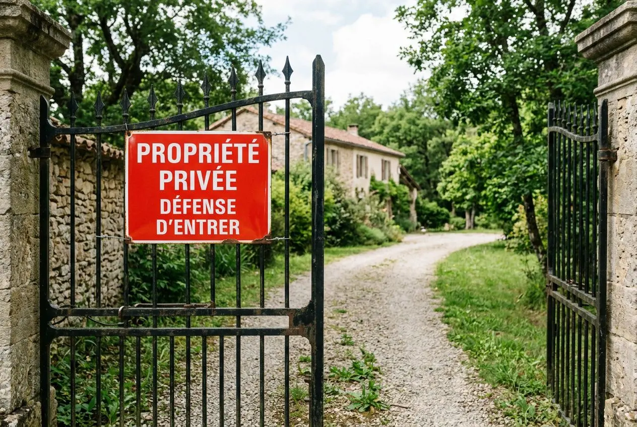Panneau rouge « Propriété privée : Défense d’entrer » accroché à une porte de grille près d’un chemin de gravier, entrée privée.