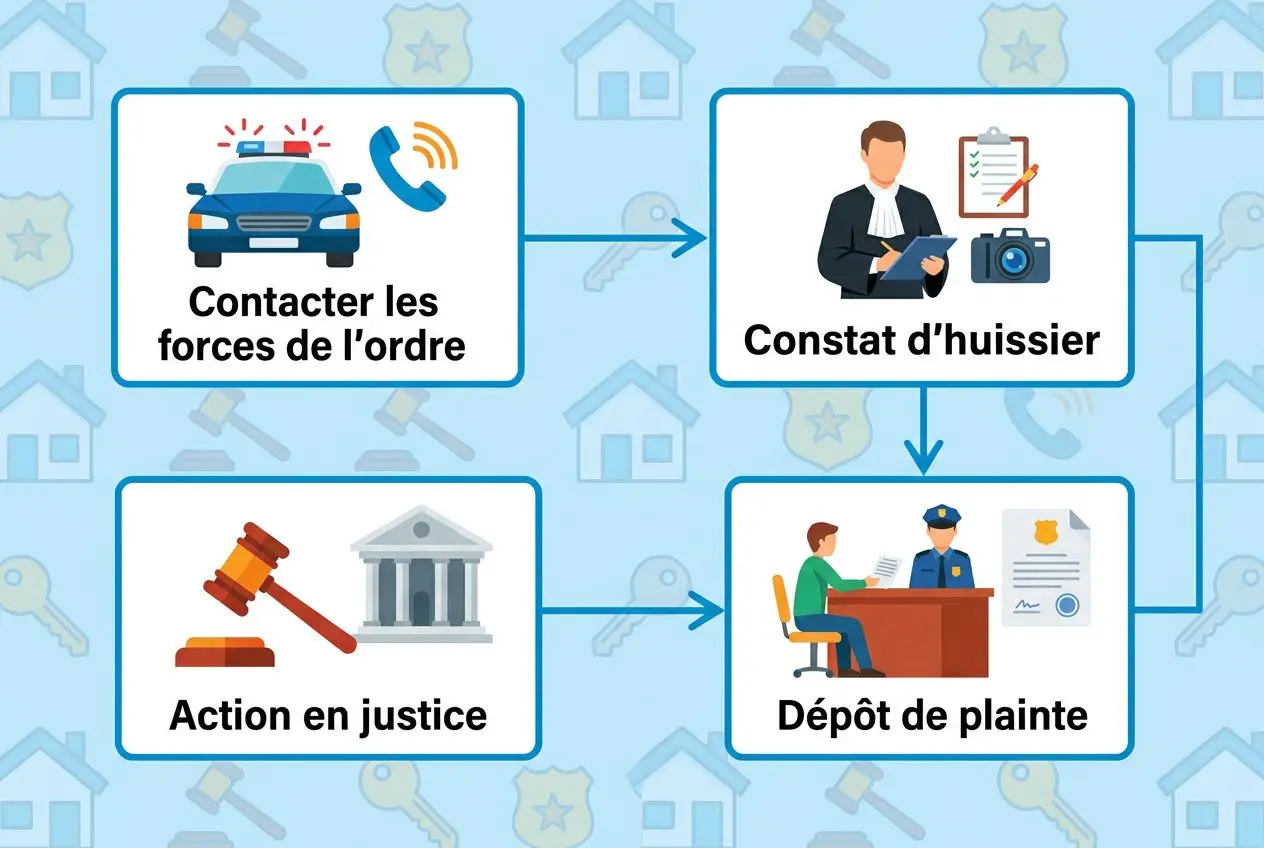 Processus d'action après intrusion terrain privé: contacter les forces de l'ordre, constat d'huissier, dépôt de plainte et action en justice.
