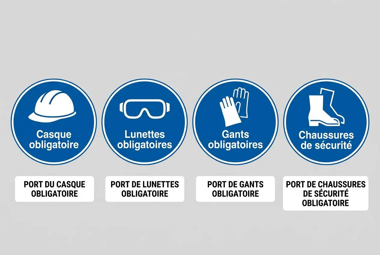 Quatre pictogrammes circulaires bleus sur fond gris: casque obligatoire, lunettes obligatoires, gants obligatoires et chaussures de sécurité obligatoires, chacun avec étiquettes correspondantes.