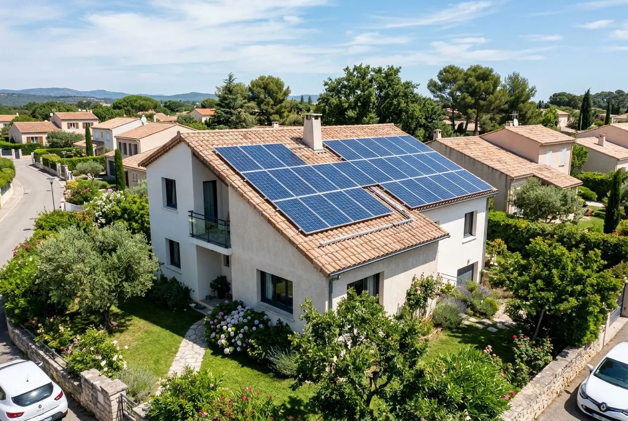 Toit de maison résidentielle équipé de panneaux solaires en autoconsommation, entouré de jardin et de charme villageois. Réglementation panneau solaire autoconsommation intégrée.